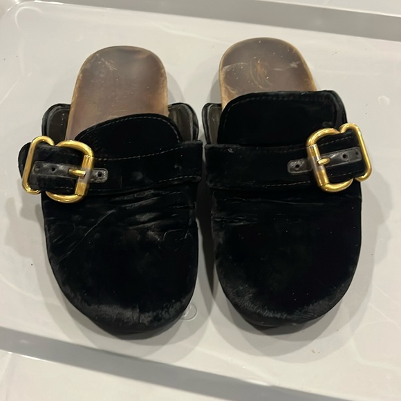 Black Prada Velvet Slides with Gold Buckle. - Picture 1 of 3